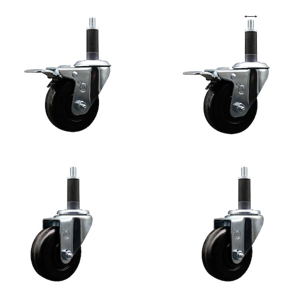 3-1/2'' Phenolic Swivel 1'' Expanding Stem Caster Set 2 Total Lock Brakes, 4PK